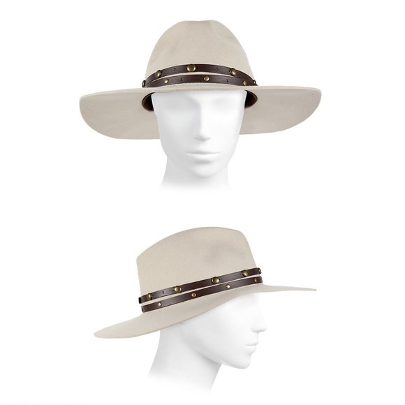 Sensi Studio Leather-Trimmed Wool Wide-Brim Hat Bone Medium - Picture 2 of 9